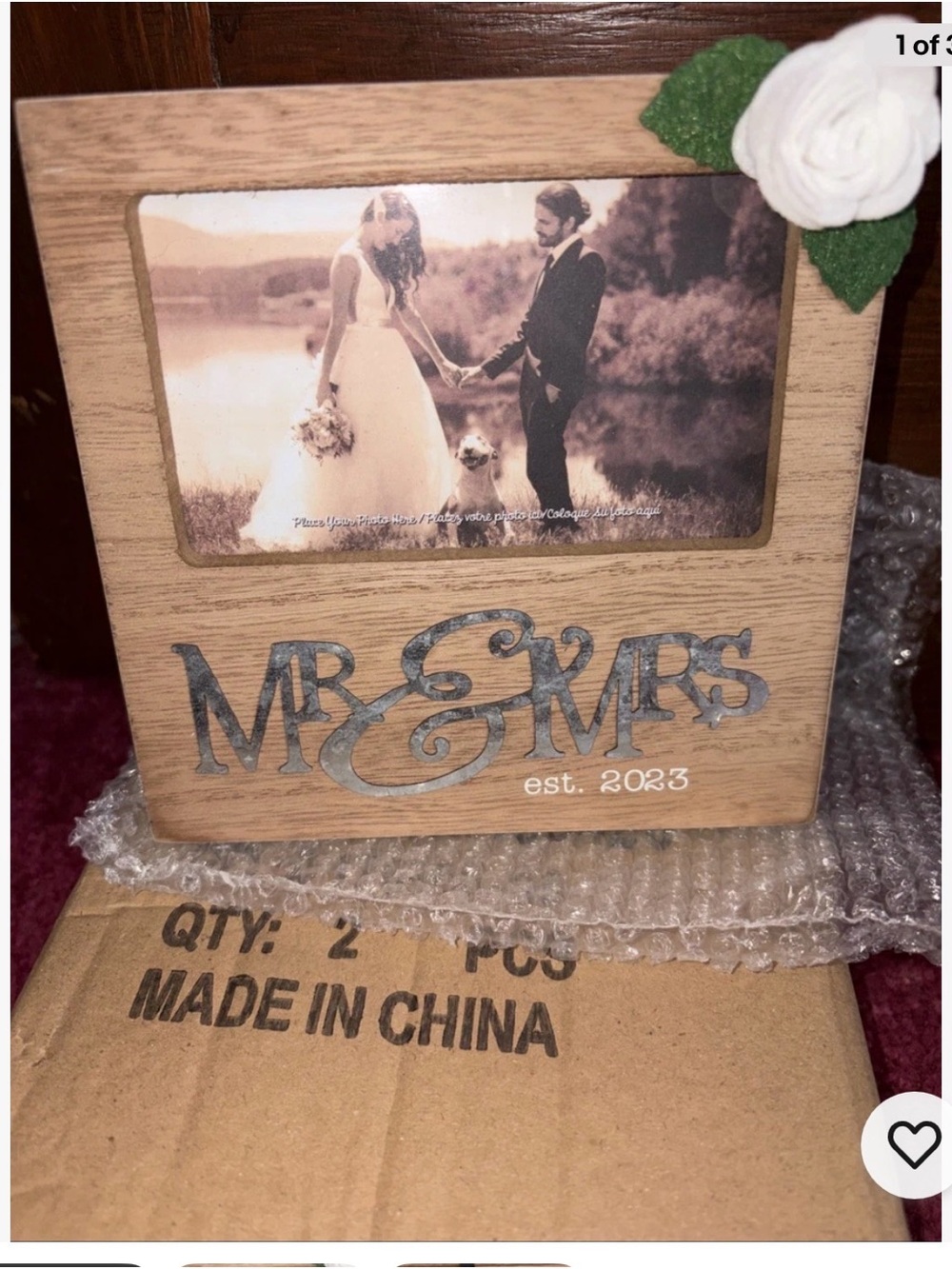 Wooden 'Mr. & Mrs.' Photo Frame with White Felt Flower